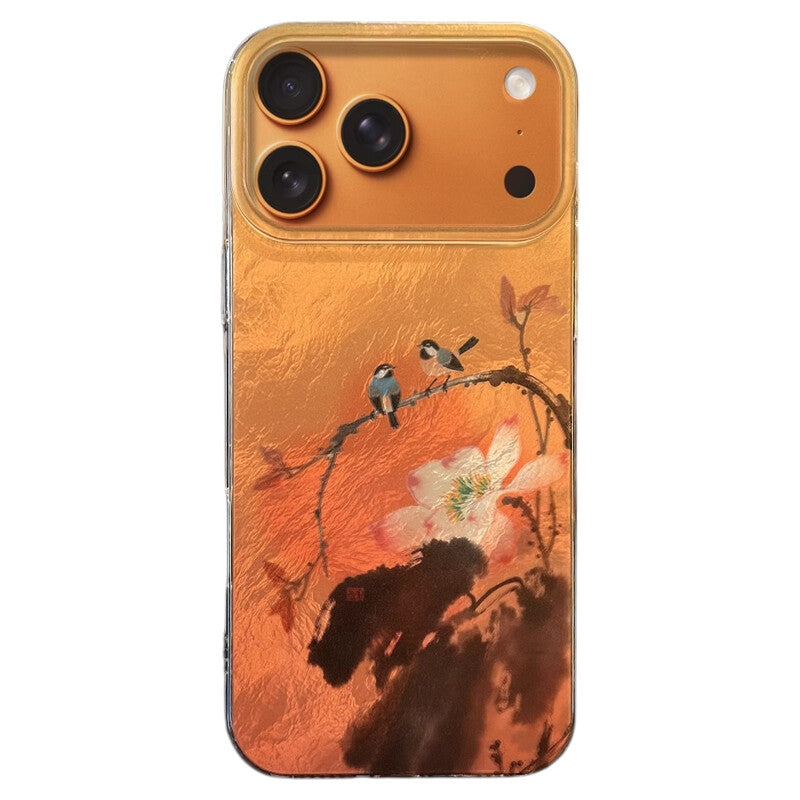 Chinoiserie Magpie & Peony Oriental Ink Painting Laser Metallic Silicone Phone Case-YX