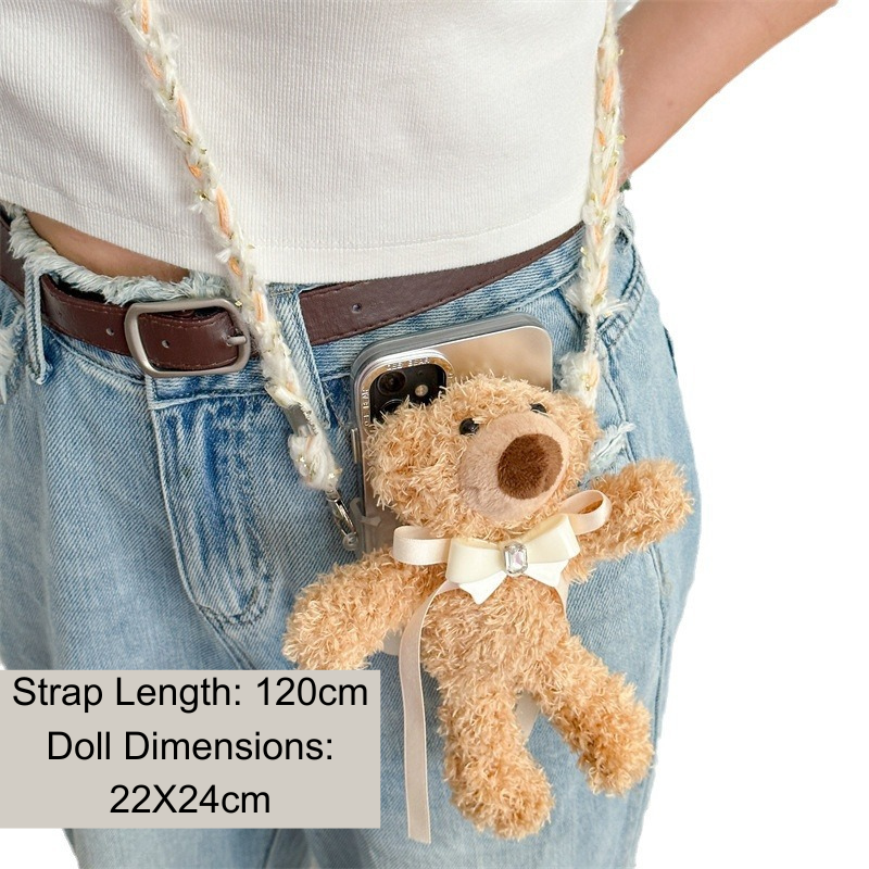 Retractable Crossbody Lanyard with Plush Rabbit/Bear Charms (Phone Back Clip Style)