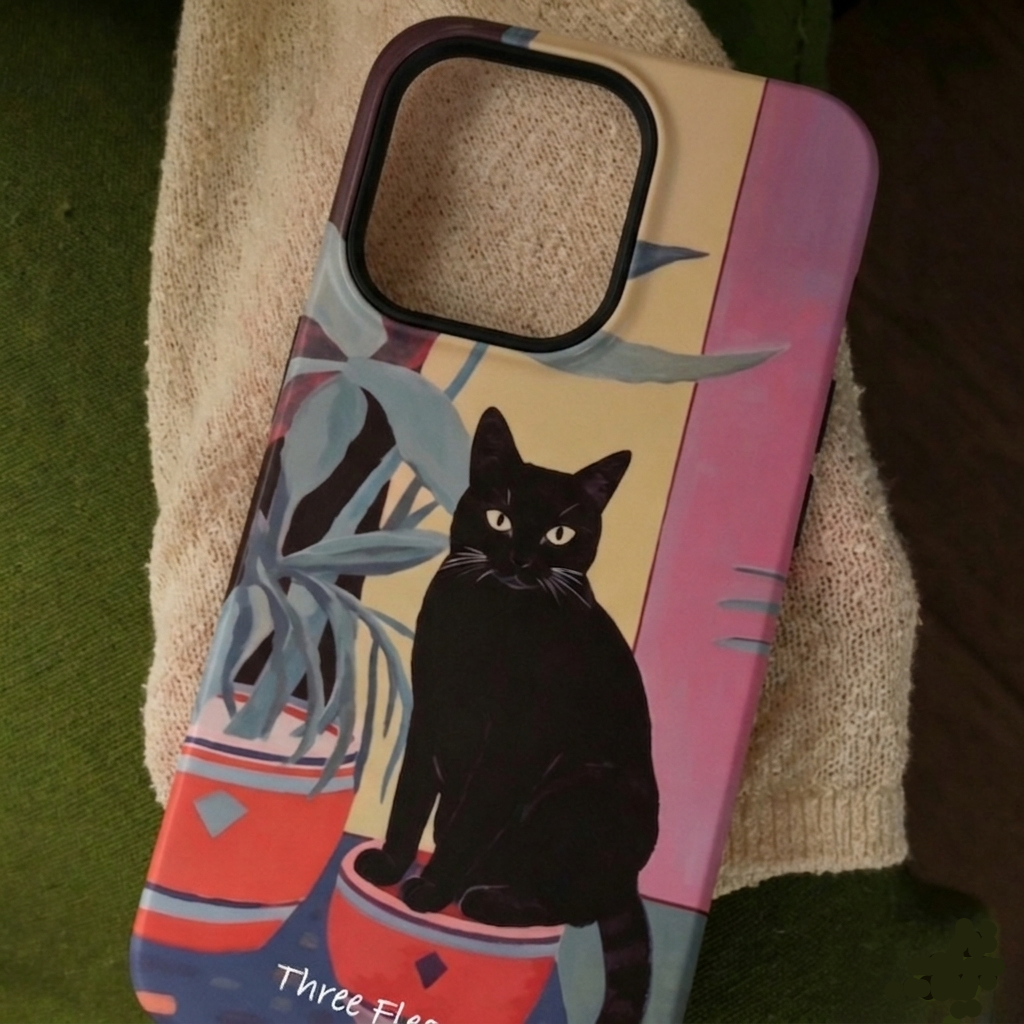 Artistic Black Cat & Potted Plant Phone Case Double-layer Film Print