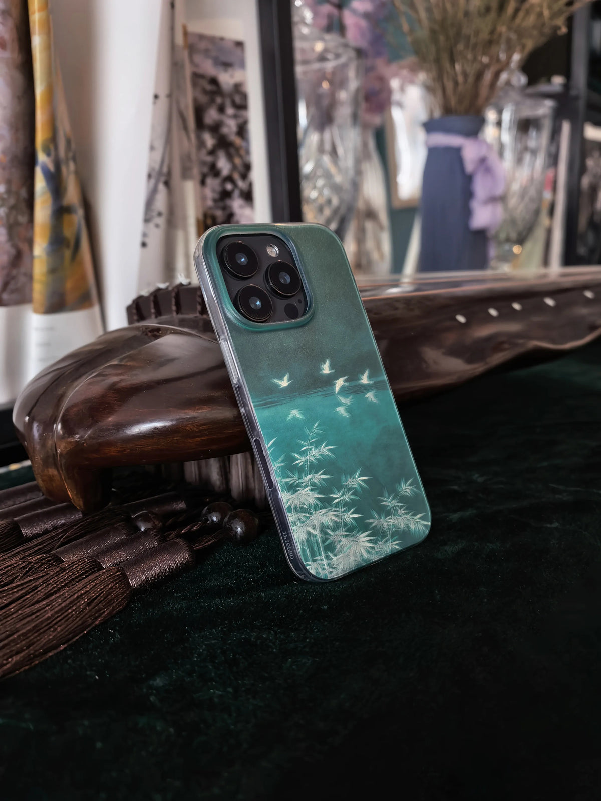 Chinoiserie Bamboo & Flying Birds Laser Metallic Phone Case-YX