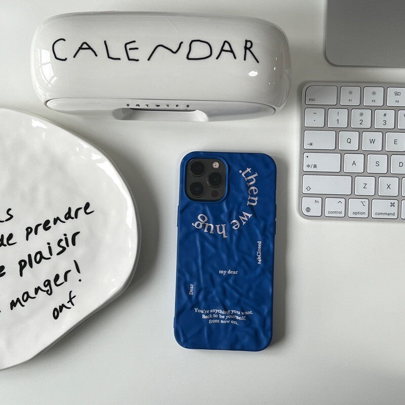 Minimalist Blue Silicone Phone Case, Aesthetic Crinkled Paper Texture - BYY