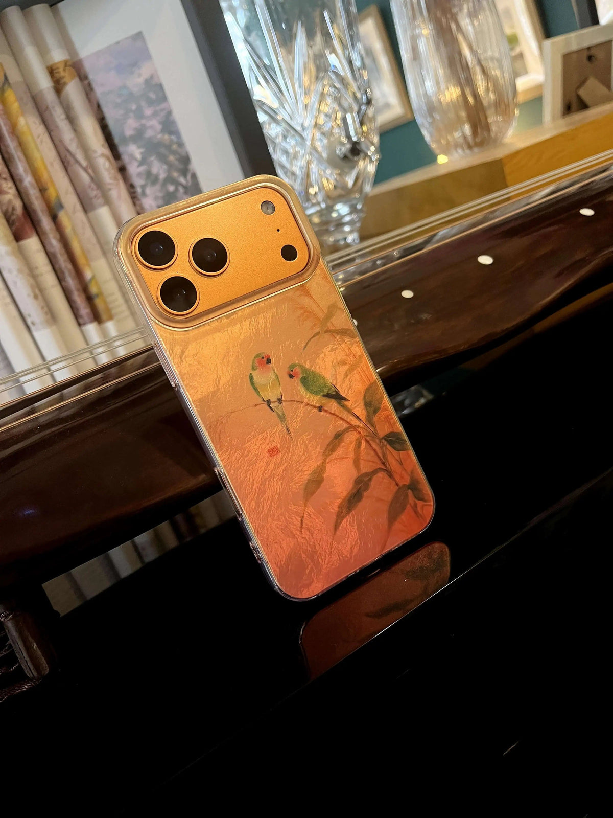 Chinoiserie Two Magpies Laser Metallic Silicone Phone Case-YX