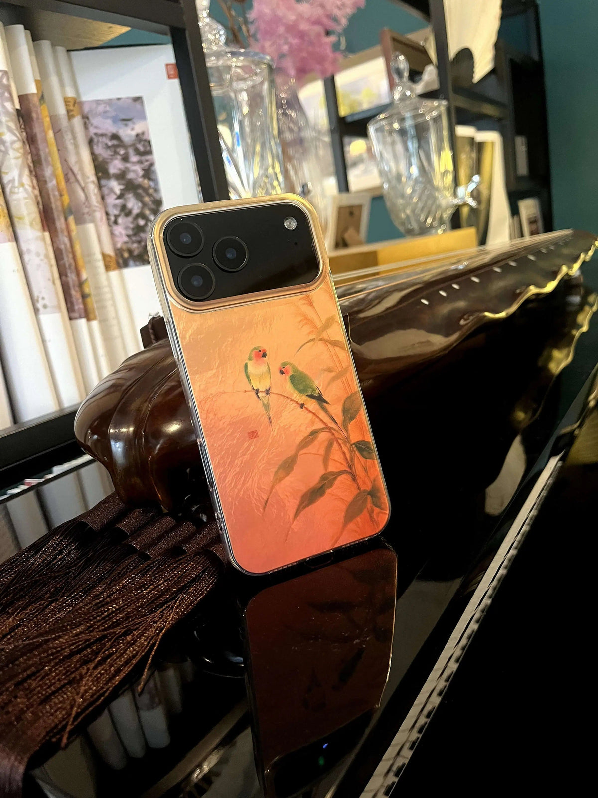 Chinoiserie Two Magpies Laser Metallic Silicone Phone Case-YX
