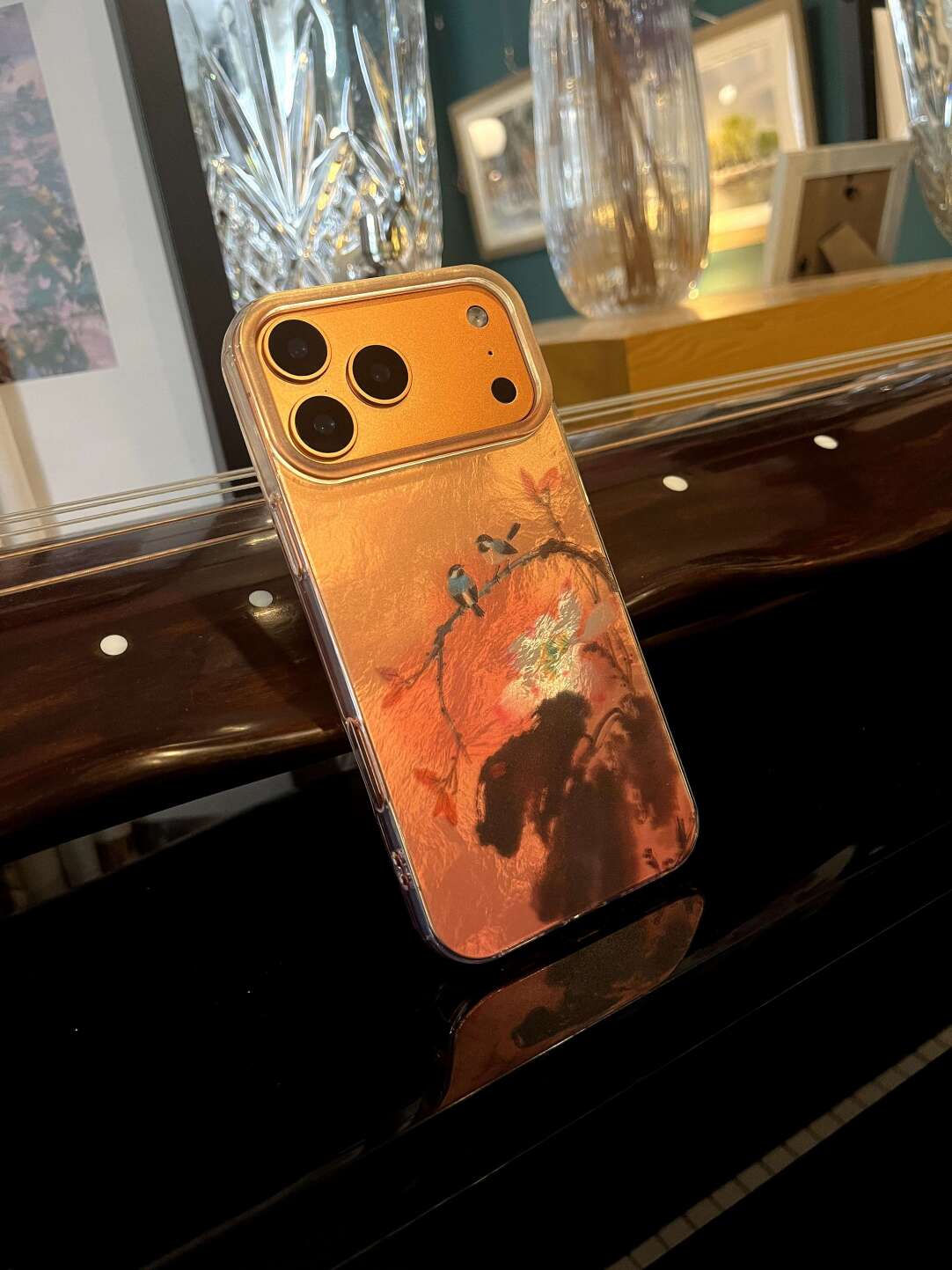 Chinoiserie Magpie & Peony Oriental Ink Painting Laser Metallic Silicone Phone Case-YX