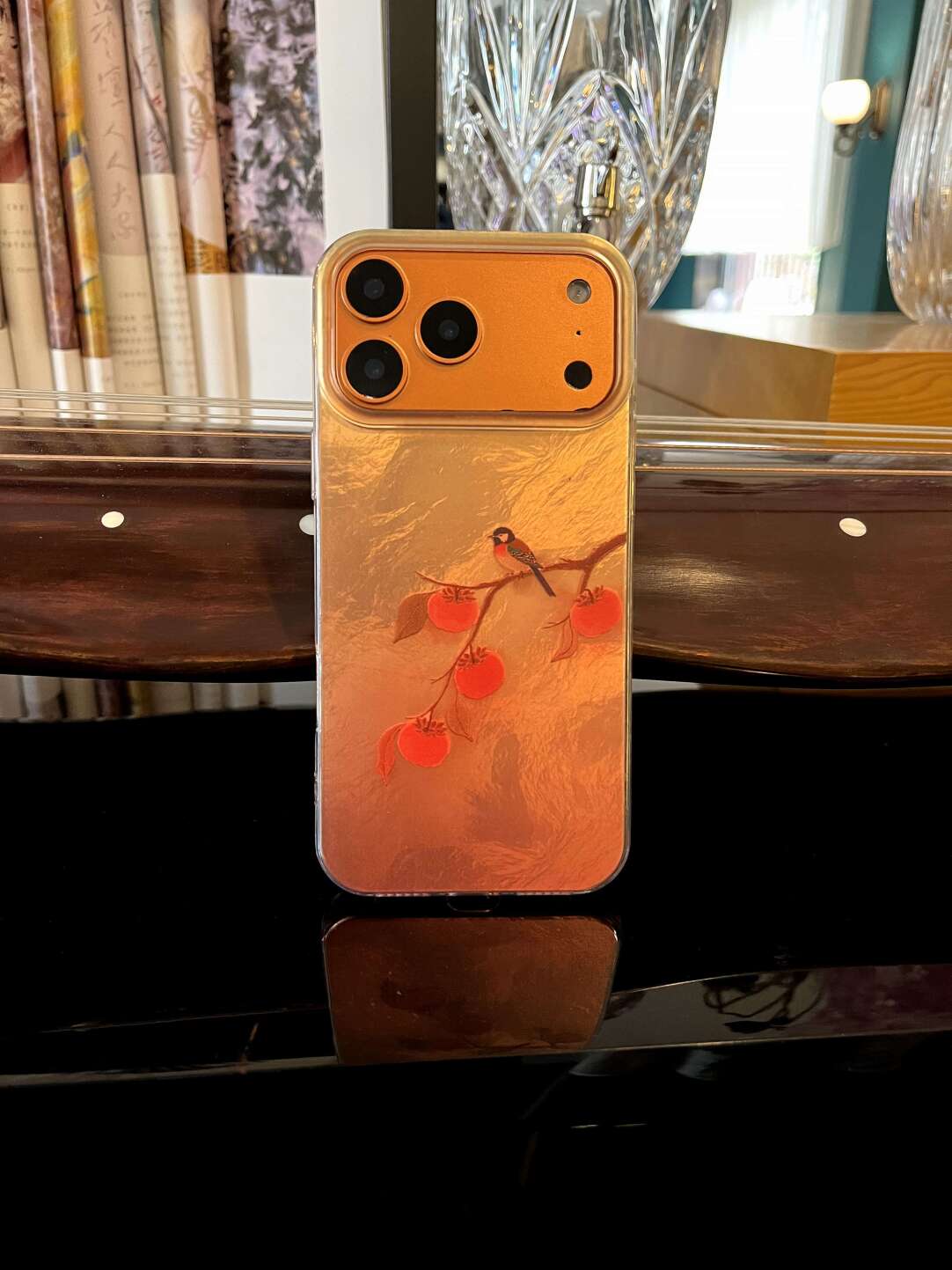 Chinoiserie "Good Things Happen" Persimmon & Magpie Laser Metallic Silicone Phone Case-YX