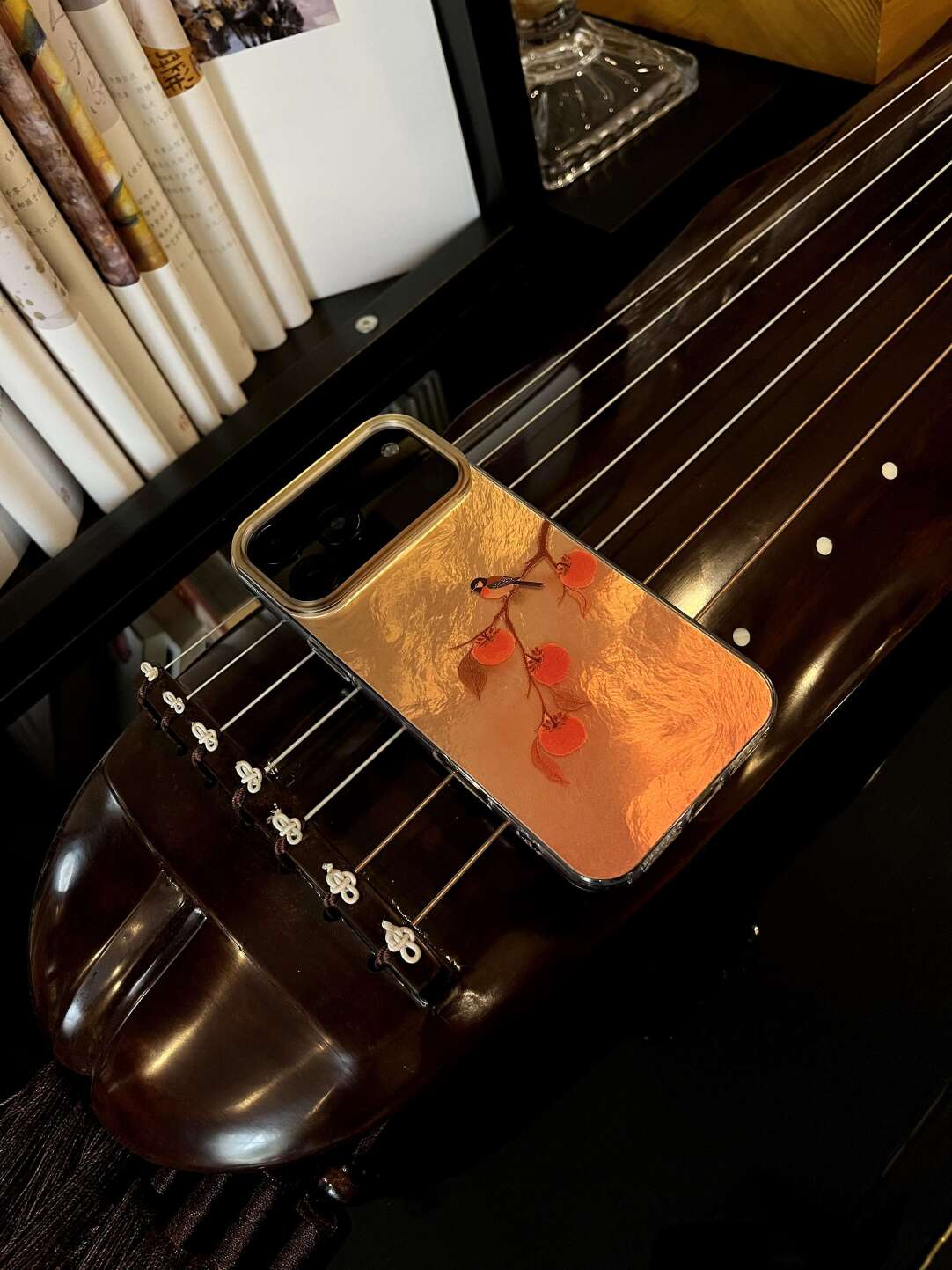 Chinoiserie "Good Things Happen" Persimmon & Magpie Laser Metallic Silicone Phone Case-YX