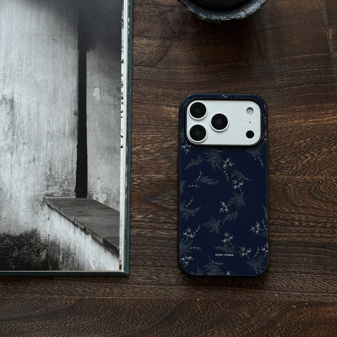 Midnight Blue Floral Tempered Glass Phone Case-NS