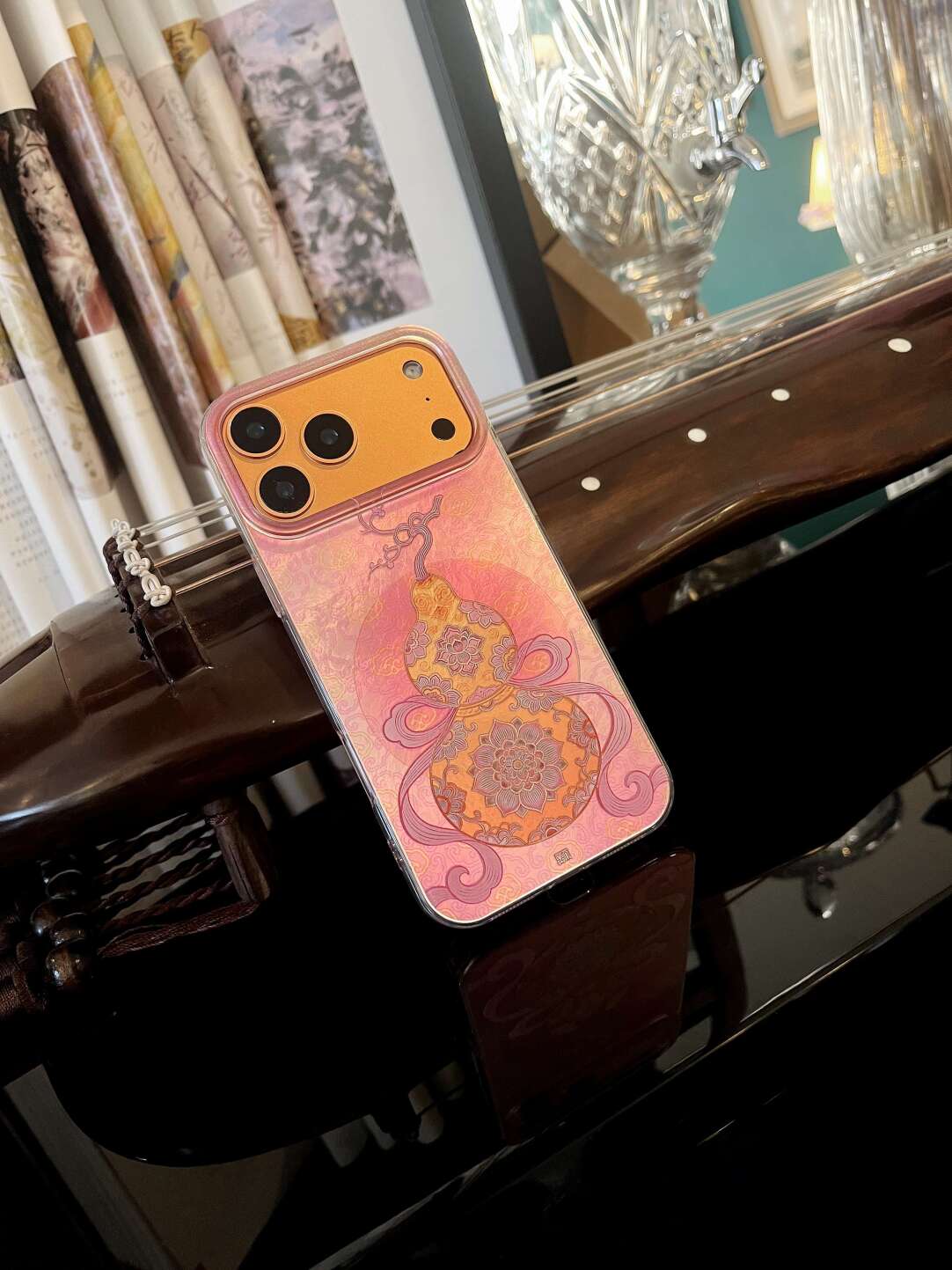 Chinoiserie Pink Hulu Gourd Laser Metallic Silicone Phone Case-YX