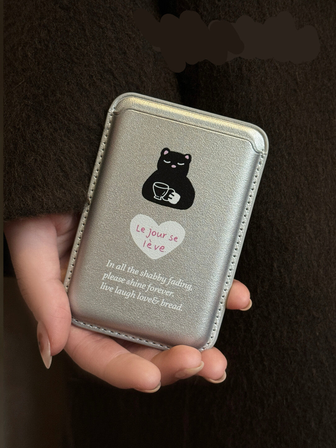 Cat with Coffee Silver Magnetic Card Holder