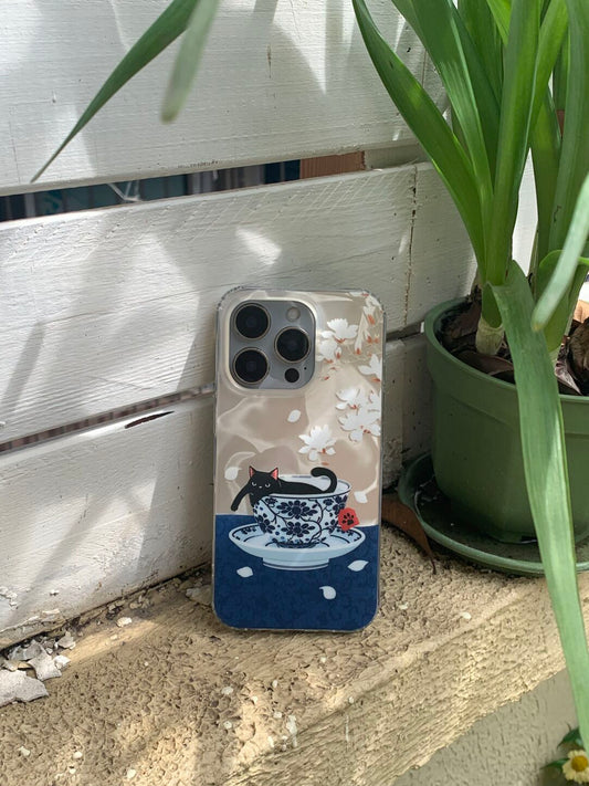 Chinoiserie Black Cat in Teacup IMD Phone Case-YSH