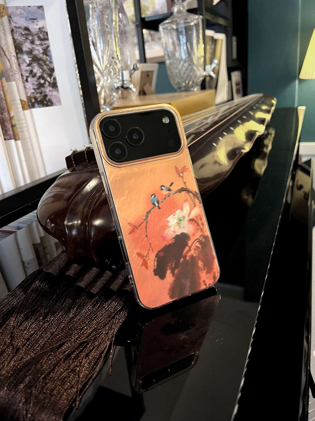 Chinoiserie Magpie & Peony Oriental Ink Painting Laser Metallic Silicone Phone Case-YX