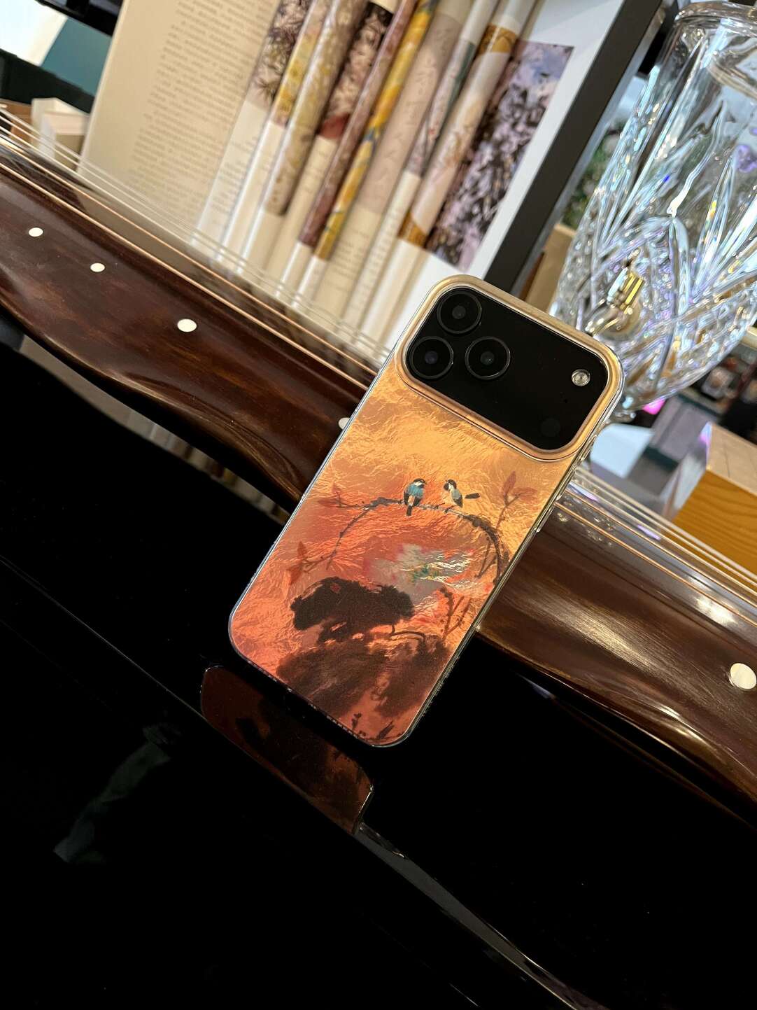 Chinoiserie Magpie & Peony Oriental Ink Painting Laser Metallic Silicone Phone Case-YX