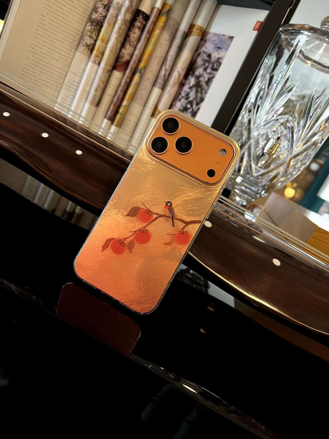 Chinoiserie "Good Things Happen" Persimmon & Magpie Laser Metallic Silicone Phone Case-YX