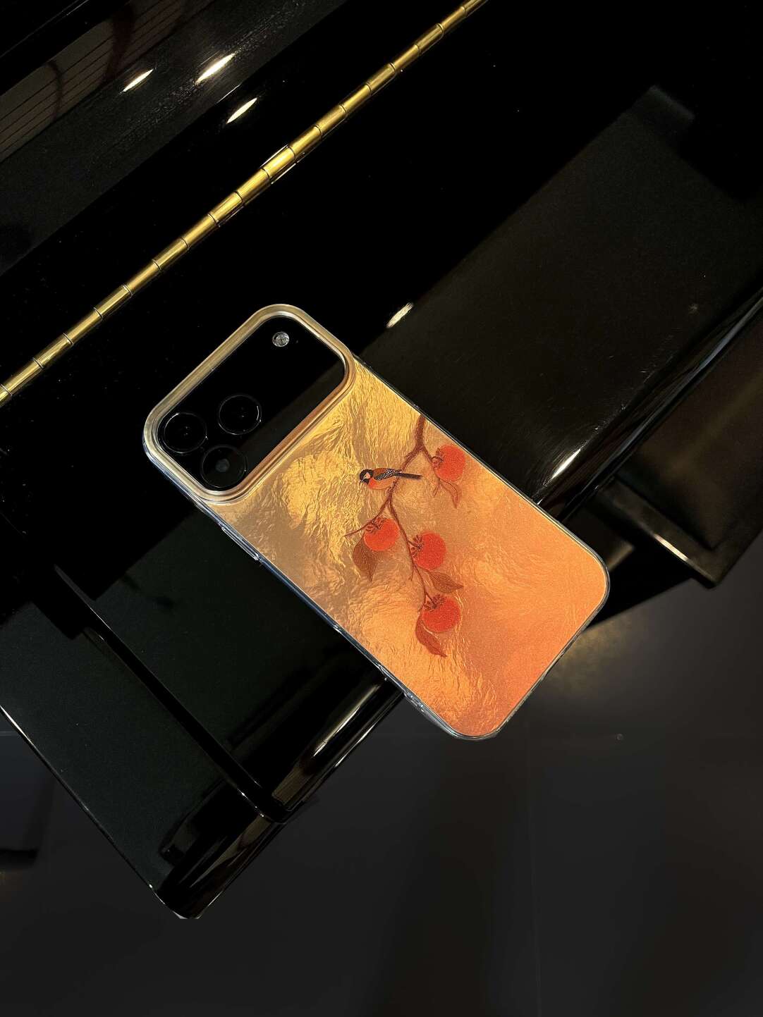 Chinoiserie "Good Things Happen" Persimmon & Magpie Laser Metallic Silicone Phone Case-YX