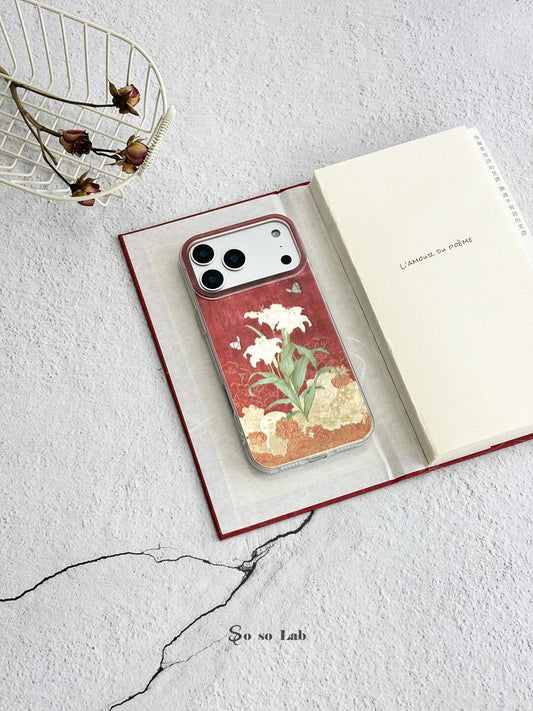 Artistic Metallic Luster Vintage Oriental Lily & Butterfly Phone Case Chinoiserie IMD-SSL