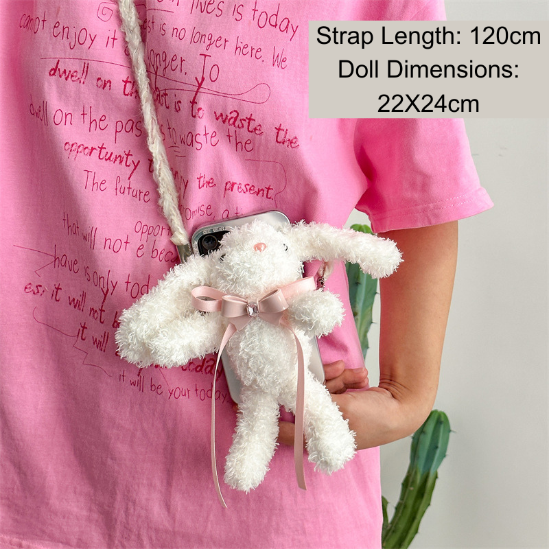 Retractable Crossbody Lanyard with Plush Rabbit/Bear Charms (Phone Back Clip Style)