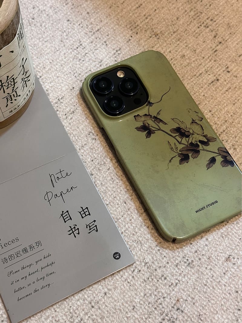 「Chinoiserie」Green Flower Branch Traditional Chinese Painting Phone Case | iPhone Case | Three Fleas