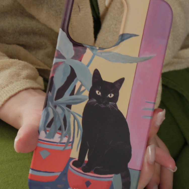 Artistic Black Cat & Potted Plant Phone Case Double-layer Film Print