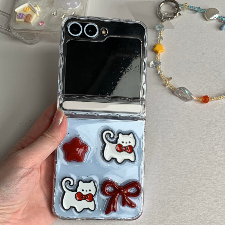 3D Resin Cat & Red Bow Clear Samsung Phone Case