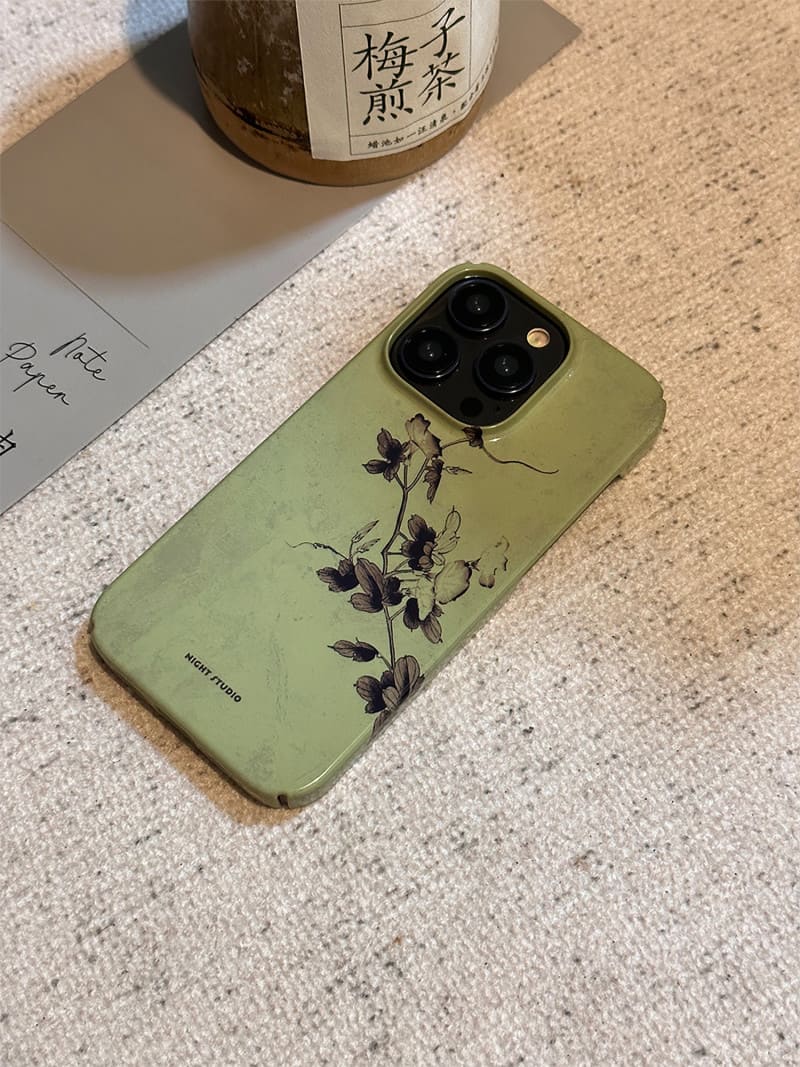 「Chinoiserie」Green Flower Branch Traditional Chinese Painting Phone Case | iPhone Case | Three Fleas