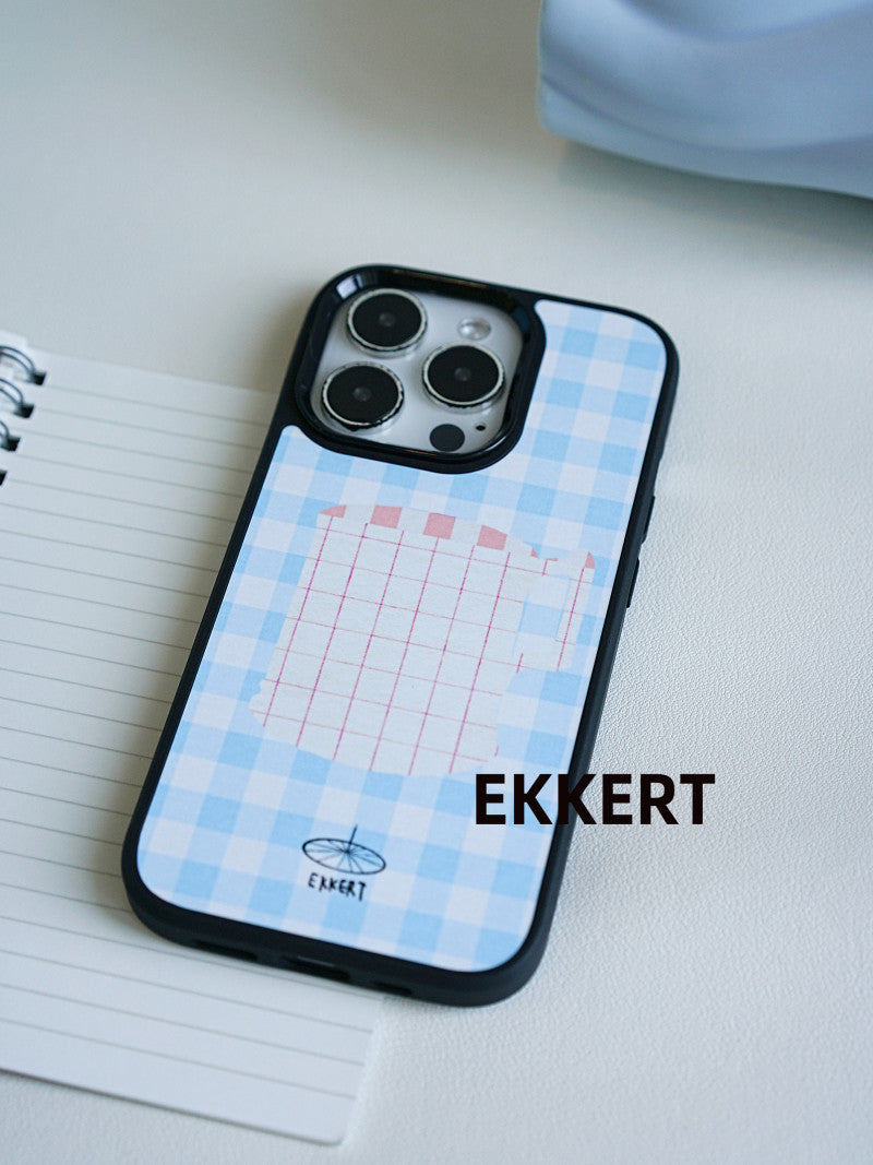 Cup Printed Blue Plaid Phone Case With MagSafe | iPhone Case | Three Fleas
