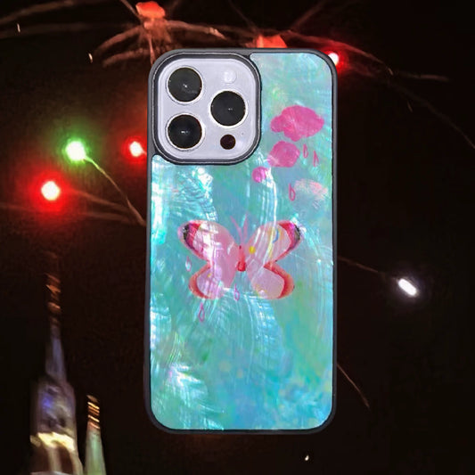 Fairytale Butterfly & Raindrops Design Natural Mother-of-Pearl Inlay Epoxy Resin Phone Case-SATP
