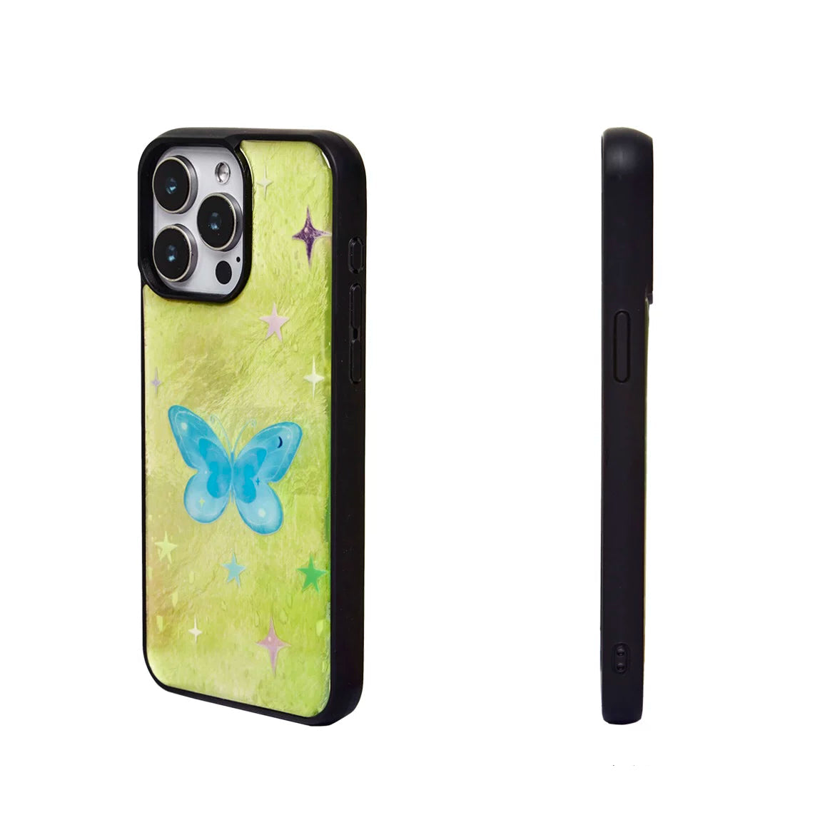 Phone case with a blue butterfly design on a green background