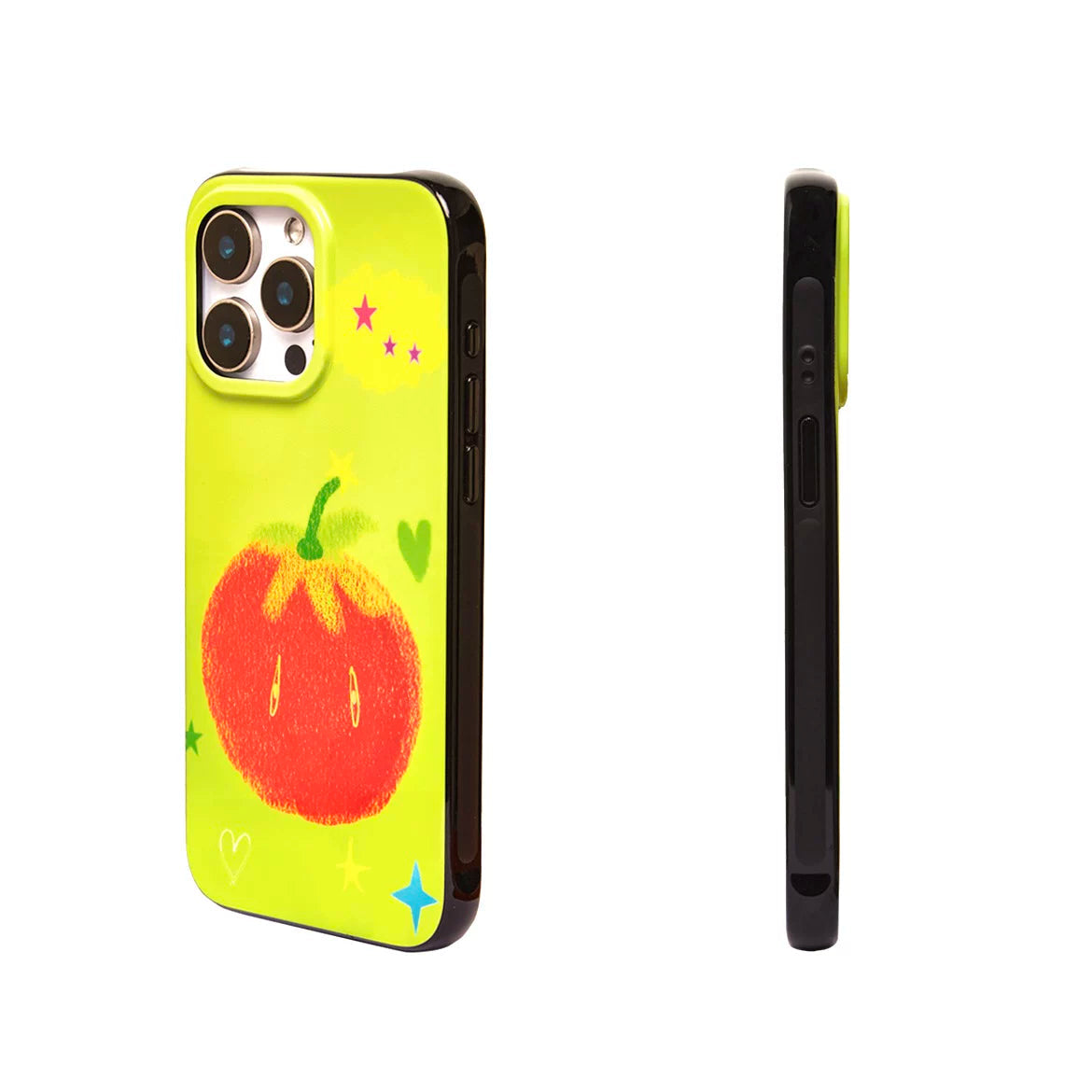 Phone case with a cartoon pumpkin design on a green background