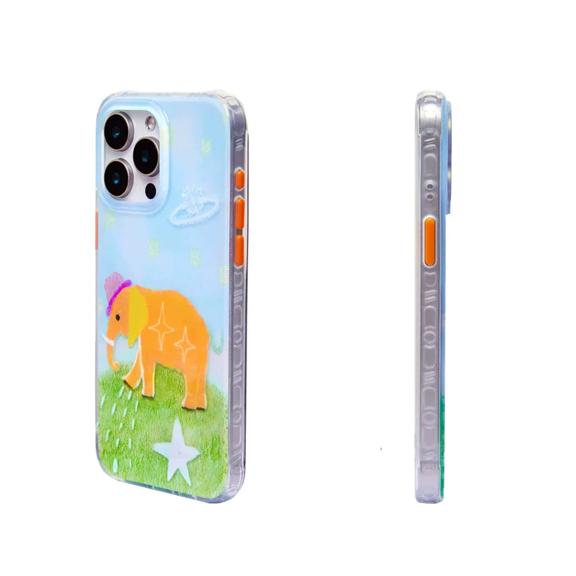 Phone case with a colorful design featuring an elephant on a grassy background