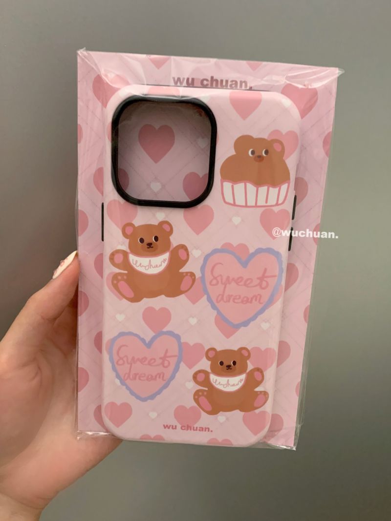 Sweat Pink Bear Printed Double Layer Phone Case | iPhone Case | Three Fleas