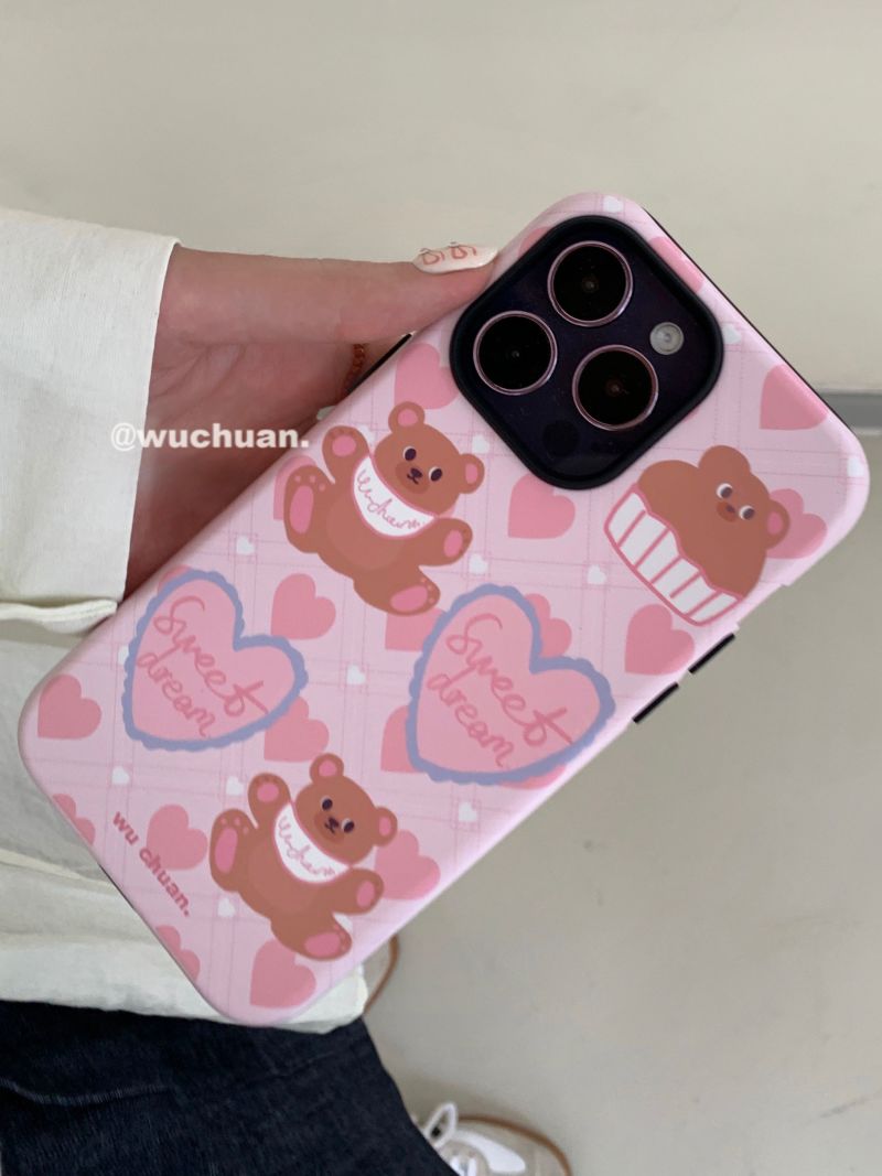 Sweat Pink Bear Printed Double Layer Phone Case | iPhone Case | Three Fleas