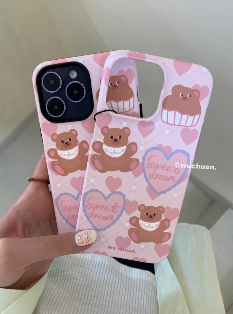 Sweat Pink Bear Printed Double Layer Phone Case | iPhone Case | Three Fleas