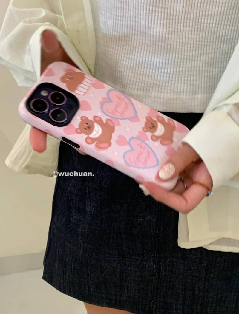 Sweat Pink Bear Printed Double Layer Phone Case | iPhone Case | Three Fleas