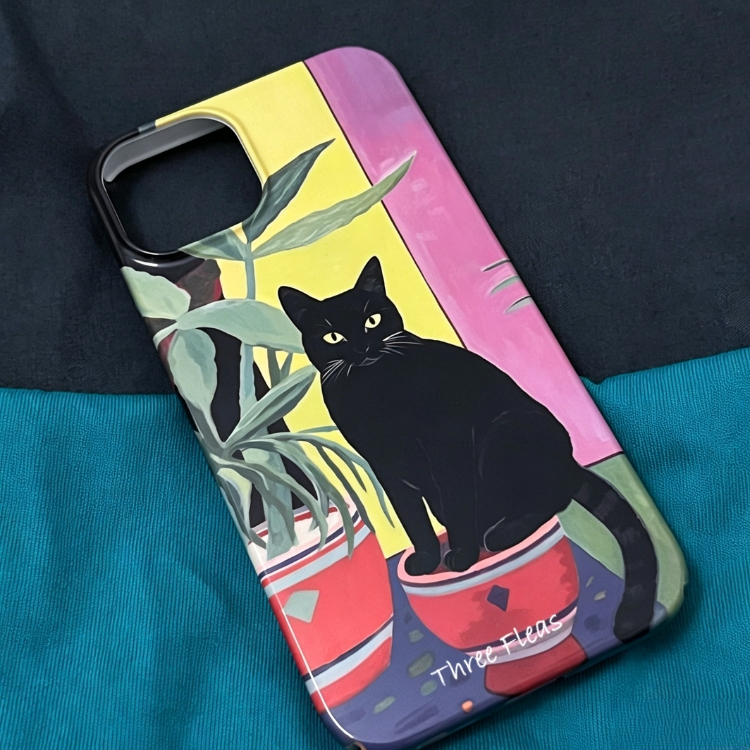 Artistic Black Cat & Potted Plant Phone Case Double-layer Film Print