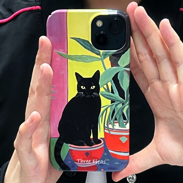 Artistic Black Cat & Potted Plant Phone Case Double-layer Film Print
