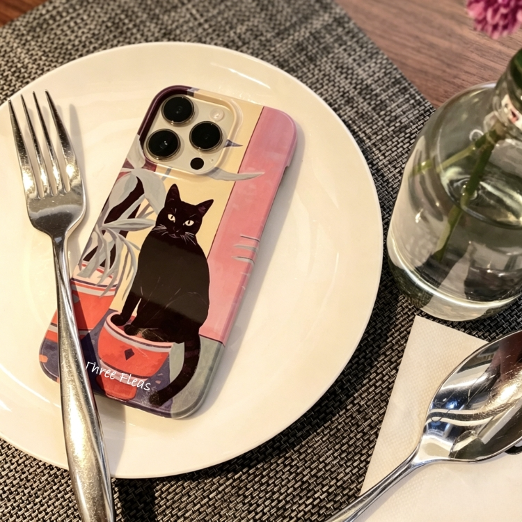 Artistic Black Cat & Potted Plant Phone Case Double-layer Film Print