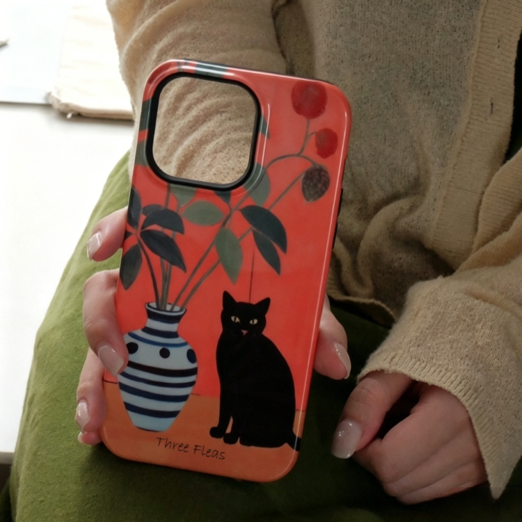 Artistic Black Cat & Botanical Vase Phone Case Double-layer Film Print
