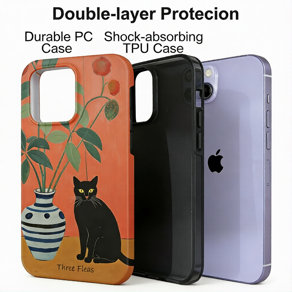Artistic Black Cat & Botanical Vase Phone Case Double-layer Film Print