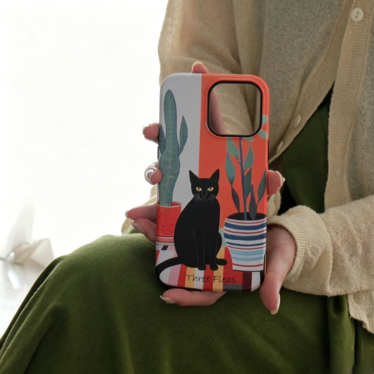Artistic Black Cat & Cactus Phone Case Double-layer Film Print