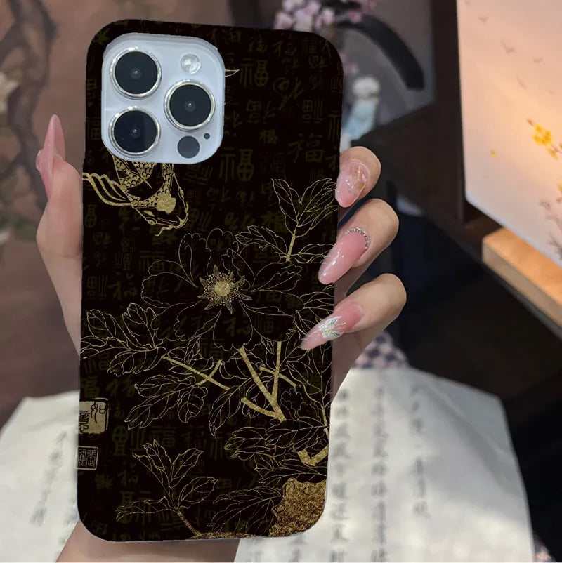 Chinoiserie Gold Koi & Peony Film Printed Phone Case-GY