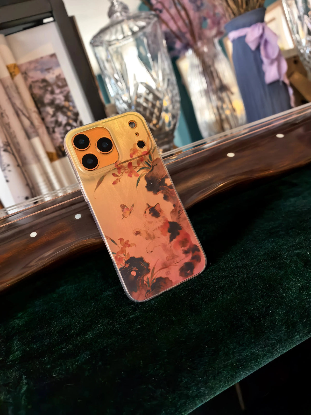 Chinoiserie Lucky Calico Cat Laser Metallic Phone Case-YX