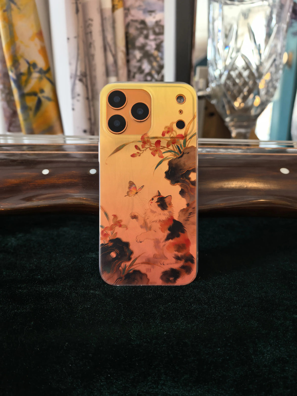 Chinoiserie Lucky Calico Cat Laser Metallic Phone Case-YX