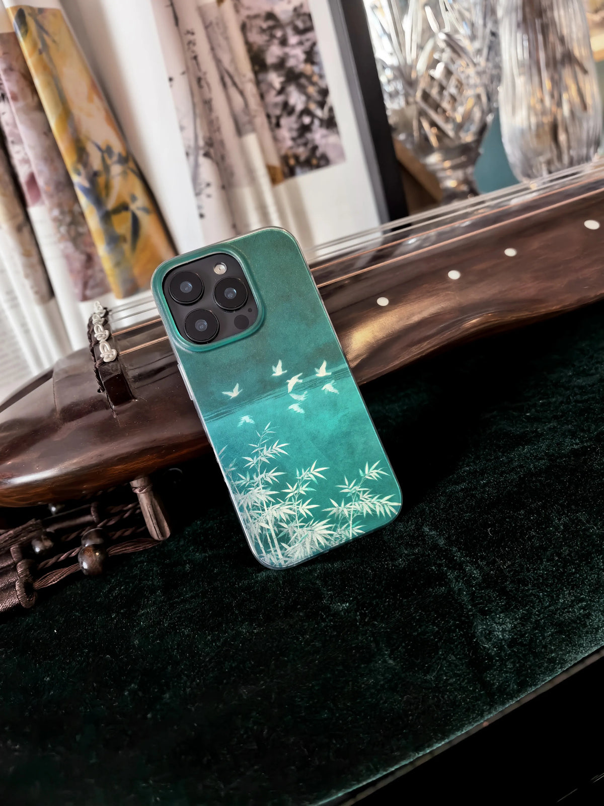 Chinoiserie Bamboo & Flying Birds Laser Metallic Phone Case-YX