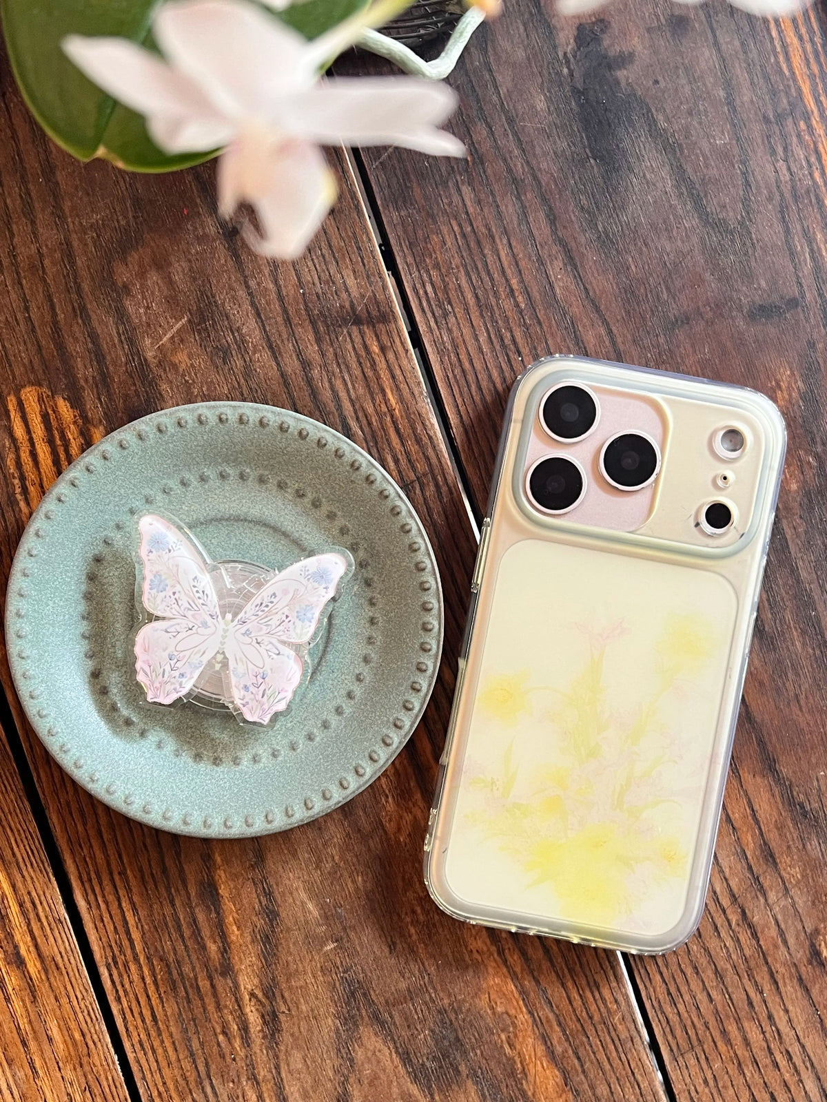 Yellow Floral Translucent Phone Case with Butterfly Grip-YSH