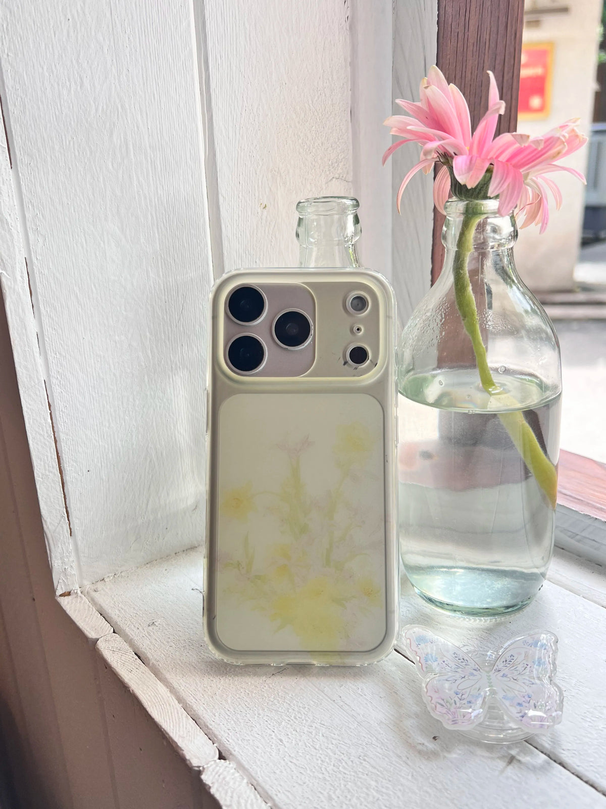 Yellow Floral Translucent Phone Case with Butterfly Grip-YSH