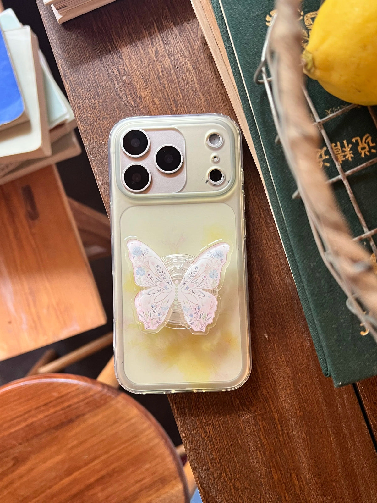 Yellow Floral Translucent Phone Case with Butterfly Grip-YSH