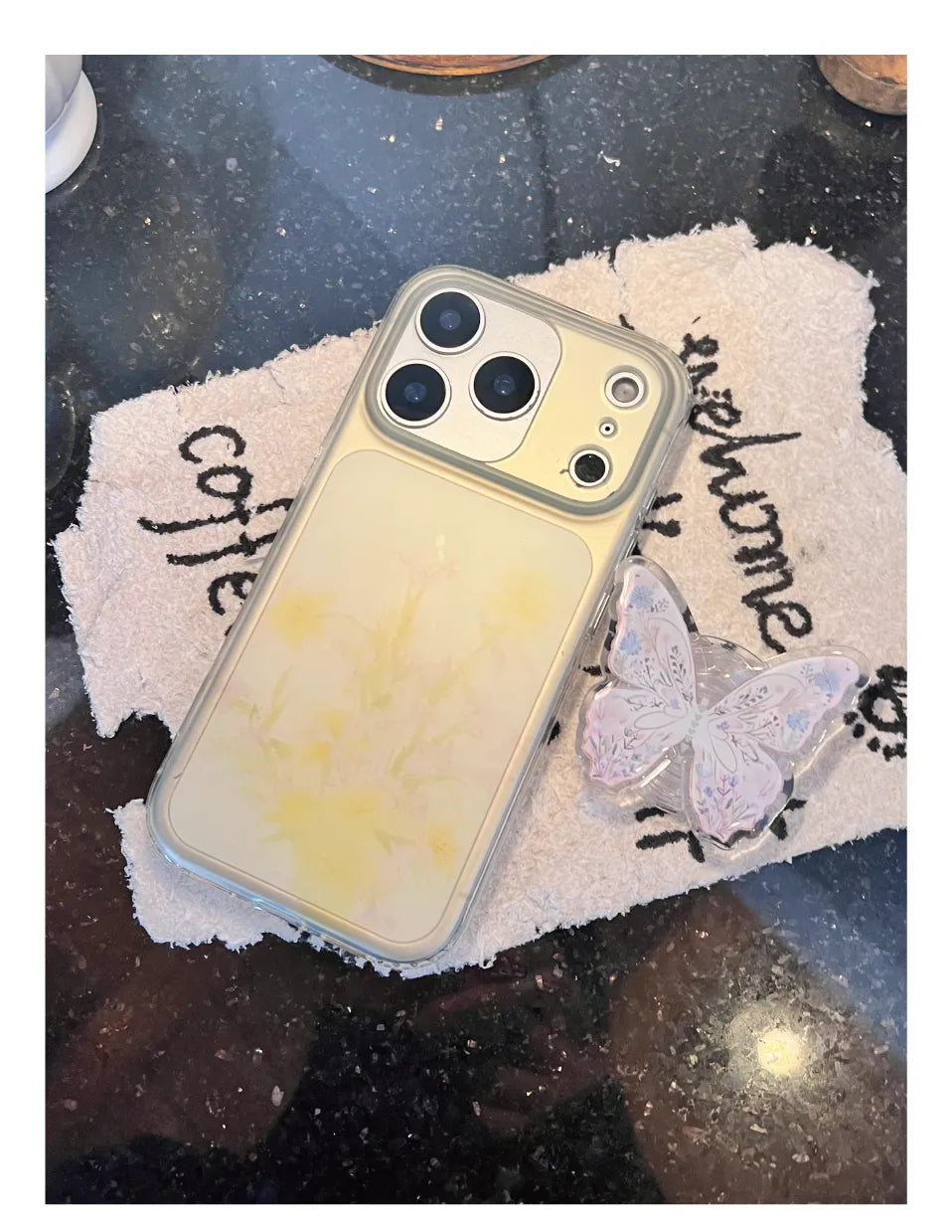 Yellow Floral Translucent Phone Case with Butterfly Grip-YSH