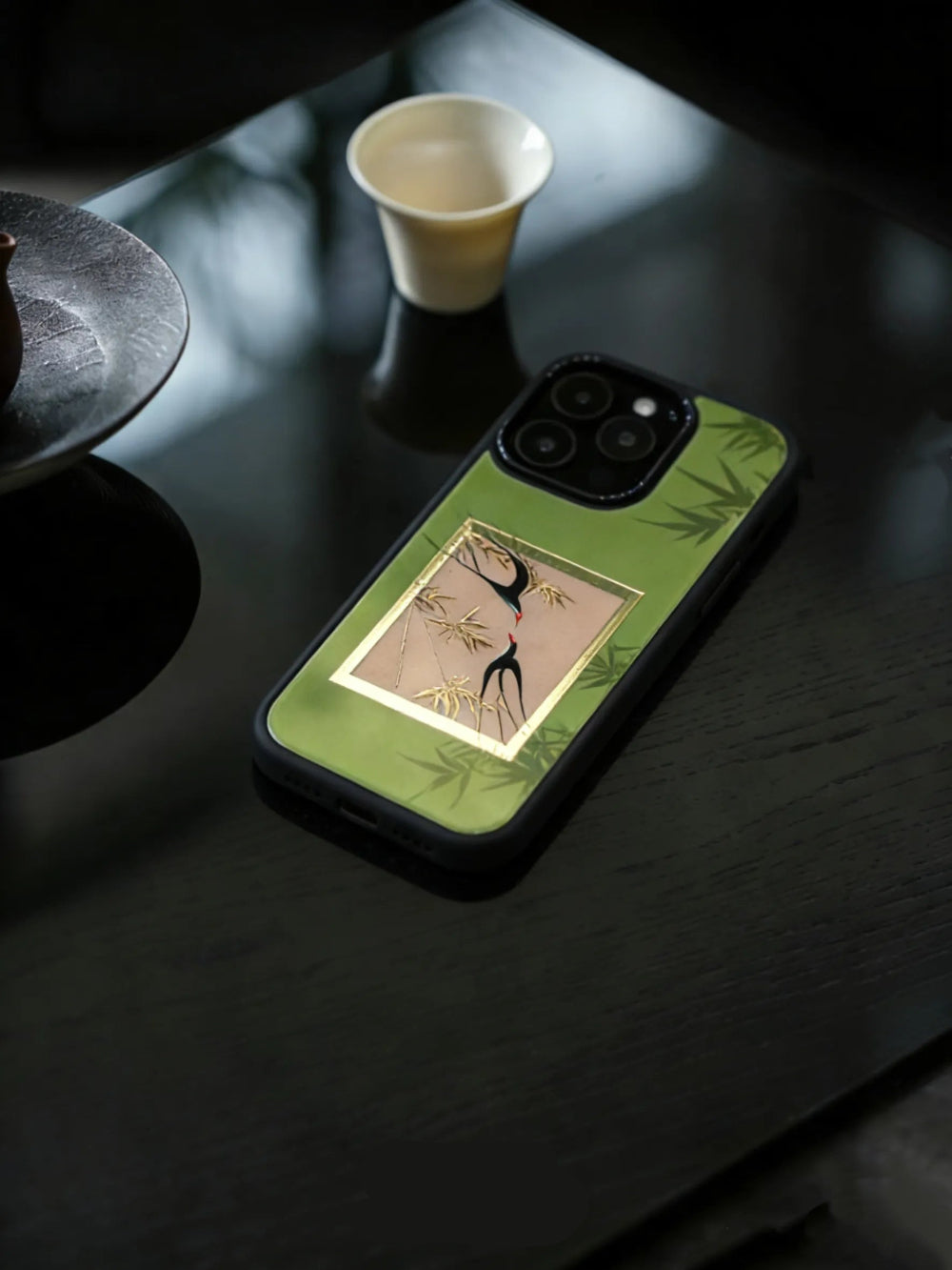 Chinoiserie Bamboo & Swallow Gilded Gold Finish Glass Phone Case-CHO