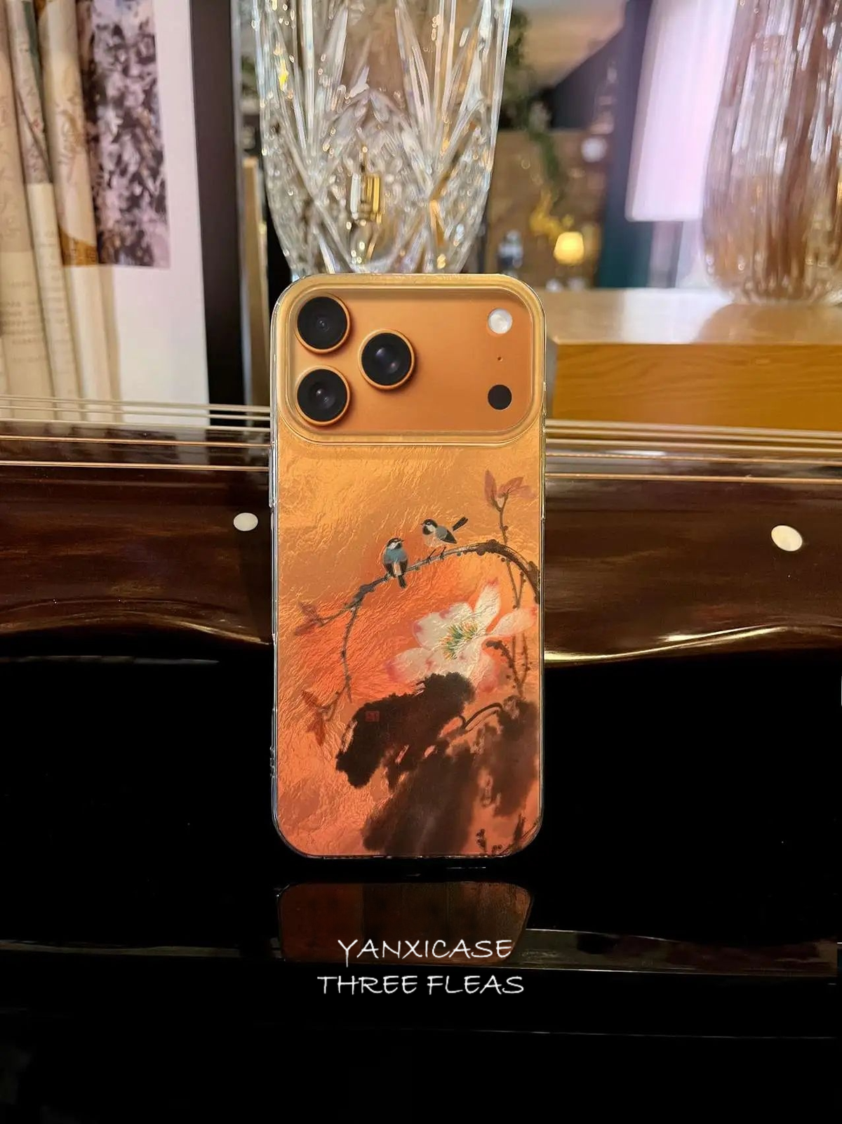 Chinoiserie Magpie & Peony Oriental Ink Painting Laser Metallic Silicone Phone Case-YX