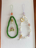 Chinoiserie Green And White Beaded Phone Charm | Phone Holders/Stands/Charm | Three Fleas